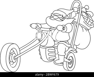Outlined Santa on a motorcycle. Vector, illustration coloring page. Stock Vector