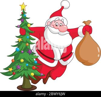 Santa with Christmas tree and gifts sack Stock Vector