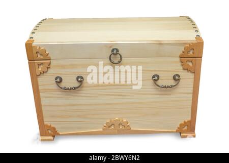 Handmade chest made by craftsman and covered with light varnish on white bacground Stock Photo