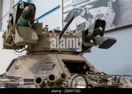Bovington.Dorset.United Kingdom.February 9th 2020.Vigilant anti tank missiles are mounted on a Ferret Scout armoured car on display at The Tank Museum Stock Photo