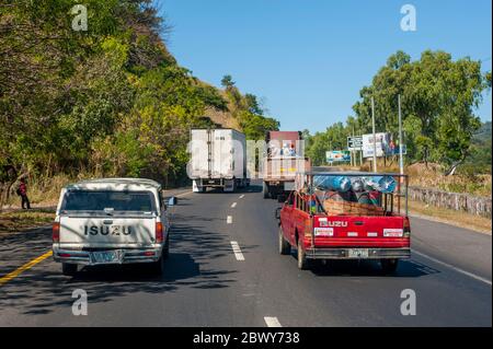 Traffic on the Pan American Highway (The Longest Road in the World) in El Salvador. Stock Photo