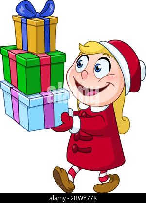 Young girl carrying stack of Christmas gift boxes Stock Vector