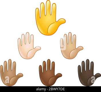 Raised hand emoji of various skin tones. Stop or high five sign. Stock Vector