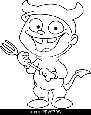Outlined smiling kid in a devil costume celebrating Halloween. Vector illustration coloring page. Stock Vector