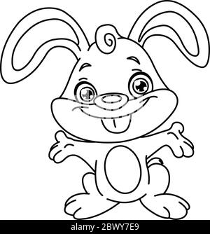 Outlined happy bunny. Vector line art illustration coloring page. Stock Vector