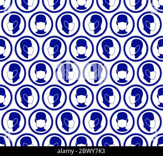Seamless pattern of the mandatory warning signs with human faces in face mask Stock Vector