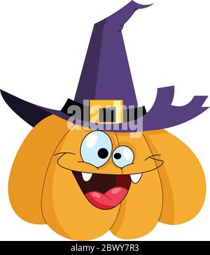 Cartoon pumpkin wearing a witch hat Stock Vector