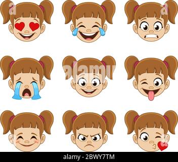 Emoji face expressions collection of a young girl with ponytails Stock Vector