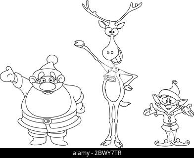 Outlined Santa Rudolph and elf Stock Vector