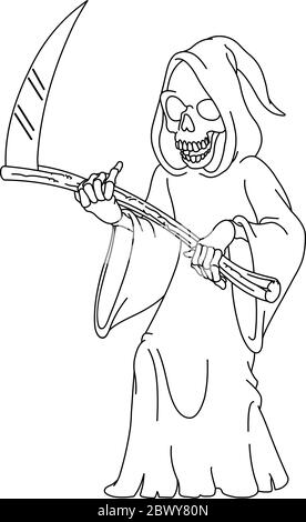 Outlined laughing grim reaper holding a scythe. Vector line art illustration coloring page. Stock Vector