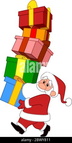Smiling Santa Clause carrying a colorful gift boxes stack Stock Vector
