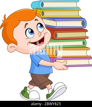 Young boy walking and carrying a tall and heavy stack of school books Stock Vector