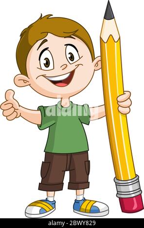 Young boy holding a big pencil and showing thumb up Stock Vector