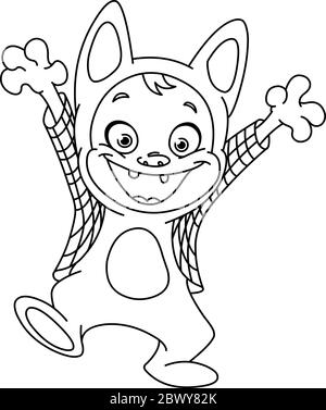 Outlined kid in a werewolf costume celebrating Halloween. Vector line art illustration coloring page. Stock Vector