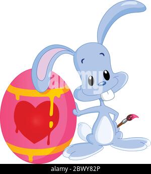 Cute bunny leaning on his painted Easter egg and holding a paintbrush Stock Vector