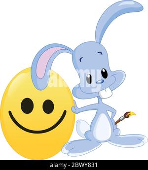 Cute bunny leaning on his painted emoji Easter egg holding a paintbrush Stock Vector