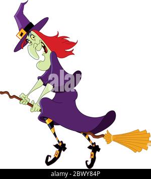 Cartoon witch flying on her broomstick Stock Vector