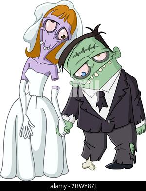 Zombie wedding. Zombie bride and groom holding hands. Stock Vector