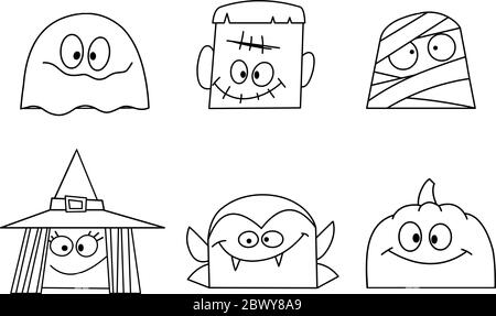 Outlined Halloween character faces set. Ghost, green monster, mummy, witch, vampire and pumpkin. Vector illustration coloring page. Stock Vector