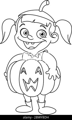 Outlined cute young girl in a pumpkin costume celebrating Halloween Stock Vector