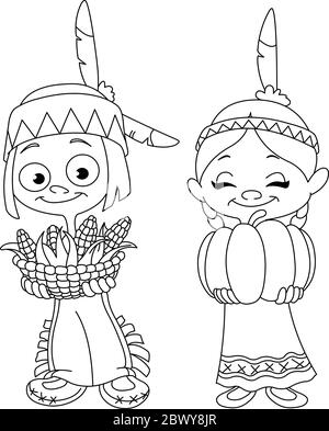 Outlined American Indian children sharing food for Thanksgiving. Vector illustration coloring page. Stock Vector