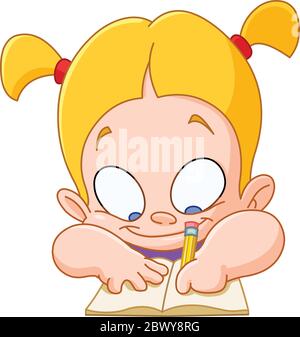 Happy young girl writing in a school notebook Stock Vector