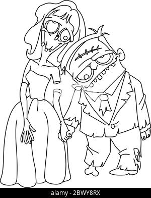 Outlined Zombie wedding. Bride and groom holding hands. Vector line art illustration coloring page. Stock Vector