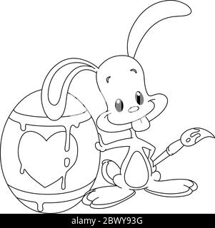 Outlined bunny and his Easter egg. Vector line art illustration coloring page. Stock Vector