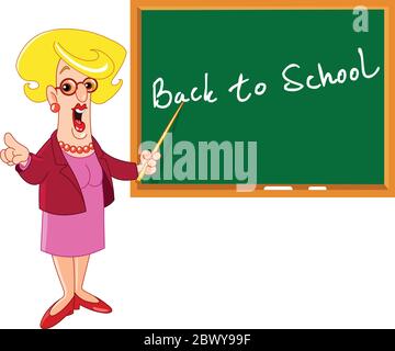 Cartoon female teacher pointing at back to school on a blackboard Stock Vector
