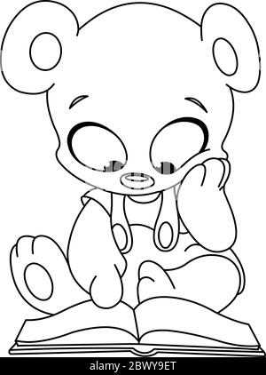 Outlined cute teddy bear reading a book. Vector line art illustration coloring page. Stock Vector