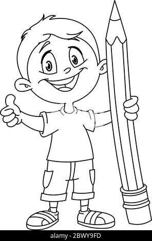 Outlined young boy holding a big pencil and showing thumb up. Vector illustration coloring page. Stock Vector