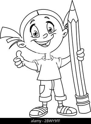 Outlined young girl holding a big pencil and showing thumb up. Vector illustration coloring page. Stock Vector