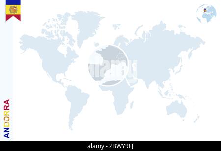 World map with magnifying on Andorra. Blue earth globe with Andorra flag pin. Zoom on Andorra map. Vector Illustration Stock Vector