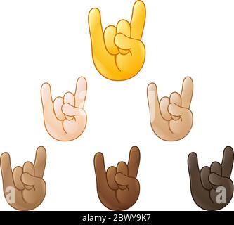 Sign of the horns rock on hand emoji set of various skin tones Stock Vector