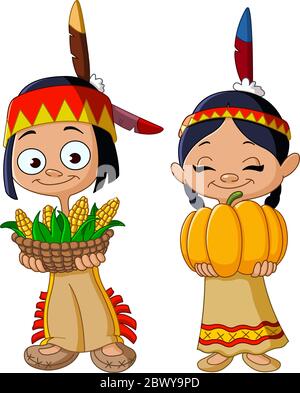 American Indian children sharing food for Thanksgiving Stock Vector