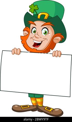 Leprechaun carrying a blank sign Stock Vector