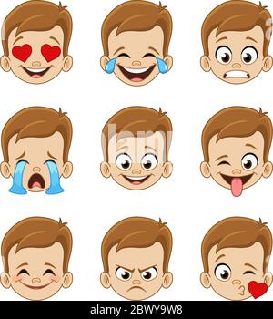 Emoji face expressions collection of a young boy Stock Vector