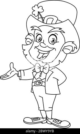 Outlined leprechaun presenting with his hand. Coloring page Stock Vector