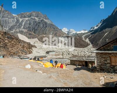 Nepal. Trek to Mera Peak.Trekkers camp at the tiny Yak herders settlement of Tagnag Stock Photo
