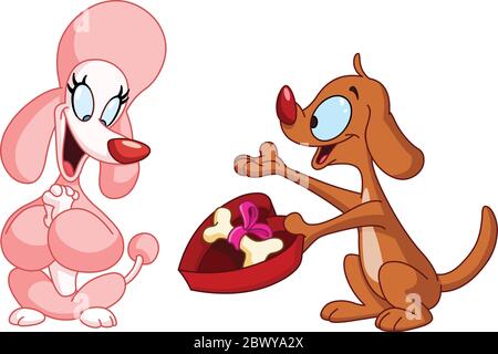 Happy dog giving a bone in an heart gift box to his poodle girlfriend Stock Vector