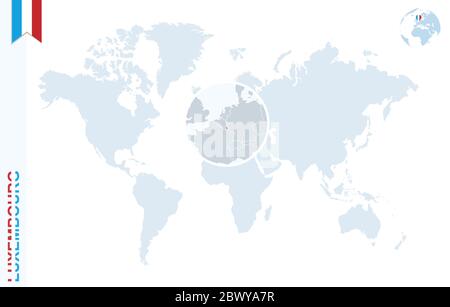 World map with magnifying on Luxembourg. Blue earth globe with Luxembourg flag pin. Zoom on Luxembourg map. Vector Illustration Stock Vector