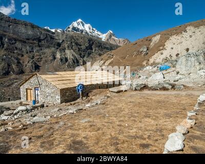 Nepal. Trek to Mera Peak. Various buildings at the high Yak pasture settlement of Khare en-route to Mera Peak. Stock Photo