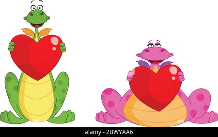Cute dragon couple holding hearts Stock Vector