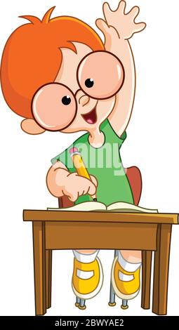 Happy schoolboy raising hand in class Stock Vector