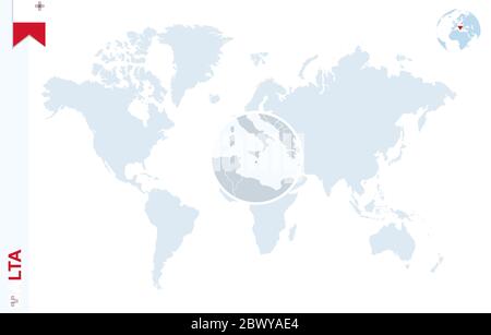 World map with magnifying on Malta. Blue earth globe with Malta flag pin. Zoom on Malta map. Vector Illustration Stock Vector