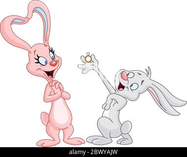 Happy bunny proposing marriage to his surprised girlfriend Stock Vector