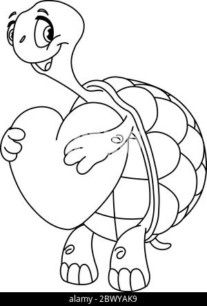 Outlined turtle holding a heart. Vector illustration line art coloring page. Stock Vector
