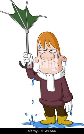 Depressed wet man holding a broken turned up umbrella by the wind Stock Vector