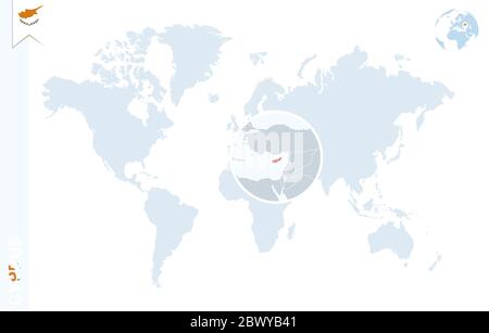 World map with magnifying on Cyprus. Blue earth globe with Cyprus flag pin. Zoom on Cyprus map. Vector Illustration Stock Vector