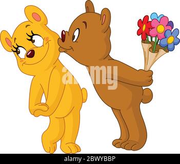 Loving bear kissing his girlfriend and holding bouquet of flowers behind his back Stock Vector